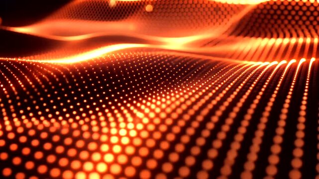 Abstract red glowing dots wave. A technological, digital landscape of points curves with depth of field and a dark background