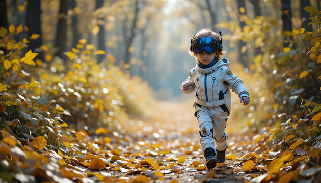 "A child in futuristic clothing running through golden leaves on an augmented reality trail"
- Powered by Adobe