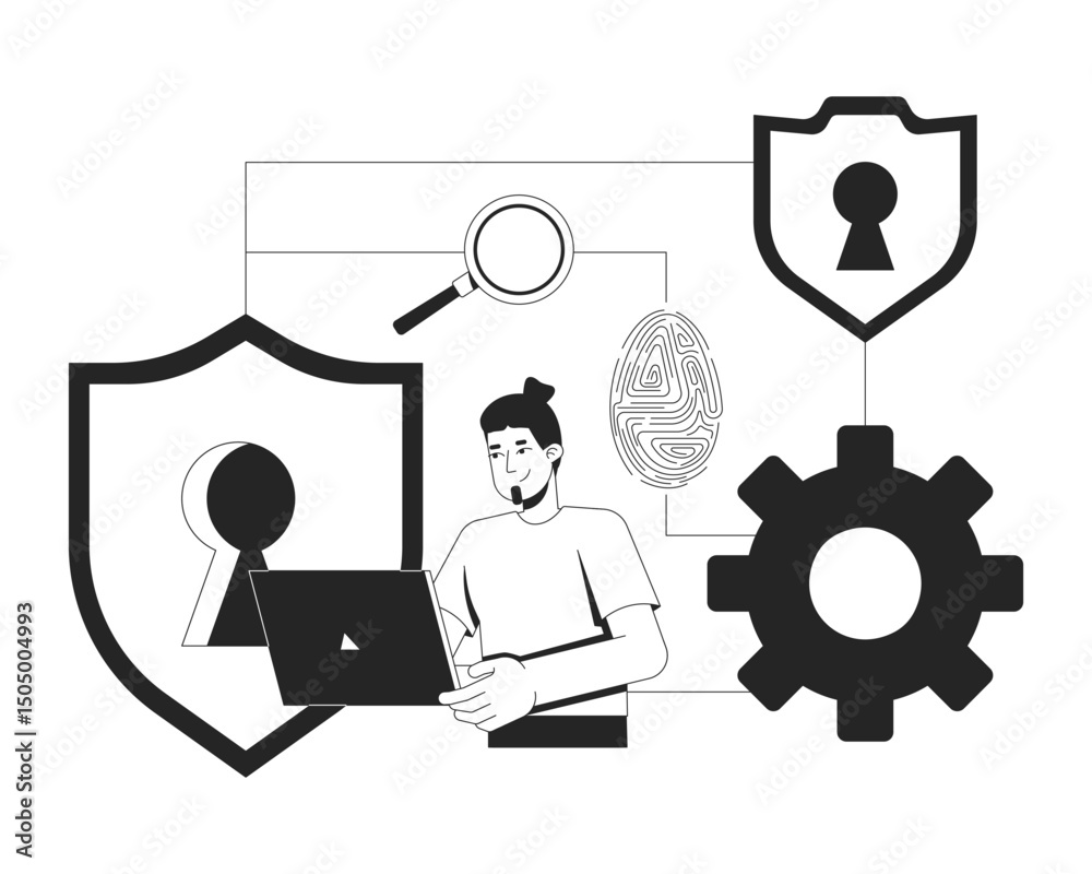 Poster it security workflow line illustration concept. digital protection loop. identity access. cybersecur