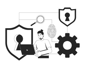 IT security workflow line illustration concept. Digital protection loop. Identity access. Cybersecurity provider analyst holding laptop outline 2D character isolated. Ink linear metaphor vector art