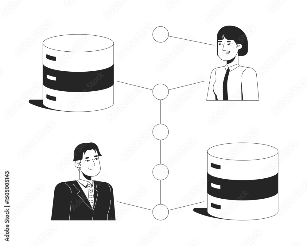 Poster users securely connected to database servers line illustration concept. data transfer security. busi