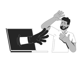 Cyberattack threatening frightened user line illustration concept. Cyber criminal hand reaching from laptop toward scared black man outline 2D character isolated. Ink linear metaphor vector art