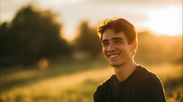 Young man smiling in natural sunlight with blurred green meadow in background, upper body portrait captured during golden hour with soft side lighting for serene and uplifting atmosphere