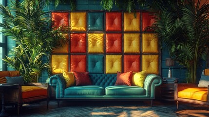 Vibrant room with colorful wall panels and teal sofa