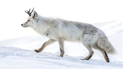 Naklejka premium A majestic white fox with antlers gracefully walks across a snowy landscape, blending seamlessly with its wintry surroundings. 