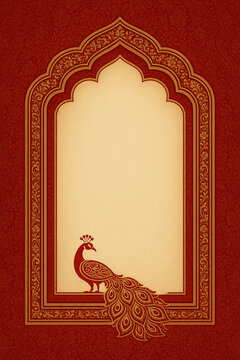 Traditional Indian-style ornate frame with arch window design and red peacock illustration, vintage invitation or greeting background