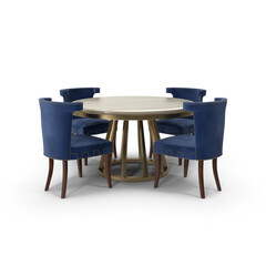 Blue Fabric Velvet Art Deco Dining Table Set isolated on transparent background