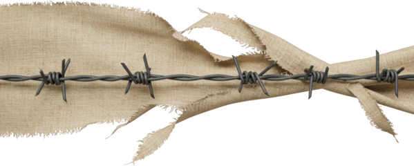 Torn Burlap Fabric Wrapped Around Barbed Wire Fence Texture Background