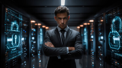 Fototapeta premium Businessman hand touches a shield, IaaS (Infrastructure as a Service) security is. Concept represents safeguarding data integrity, confidentiality of information, access control, and disaster recovery