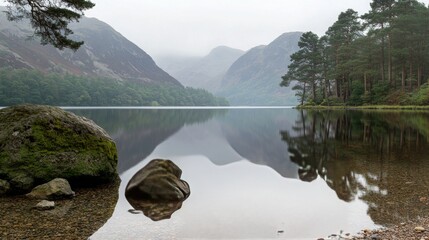 Serene mountain lake reflection in misty landscape