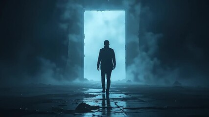 Silhouette of person walking through void toward glowing door