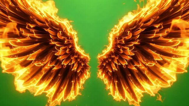 Fiery angel wings with green backdrop suitable for fantasy and mystical themed projects
