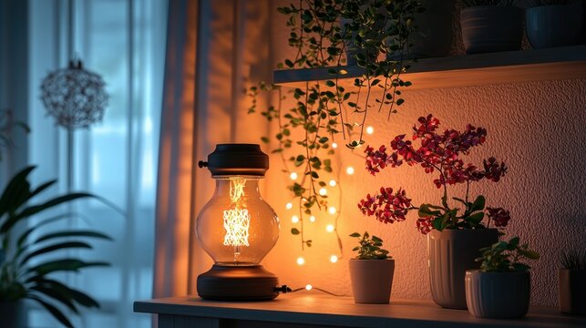 Warm lamp, plants, and fairy lights illuminate a cozy room
