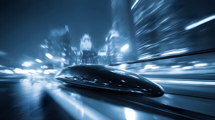 Obraz premium Futuristic streamlined vehicle in motion with dynamic city lights and bokeh effect, showcasing concept of modern urban speed and advanced transportation design