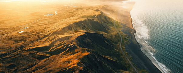 Aerial view of dramatic coastal mountains meeting the ocean at sunrise