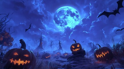 Halloween night scene with jack o lanterns and bats