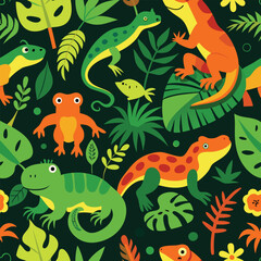 Vibrant Tropical Lizards and Frogs Seamless Pattern