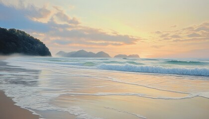 Obraz premium A serene beach at dawn, gentle waves lapping at the shore, as soft pastel colors paint the morning sky.