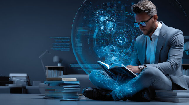 Businessman points at E-learning as a revolutionary approach to education that utilizes digital technology to facilitate learning anytime and anywhere. E-learning encompasses educational resources.