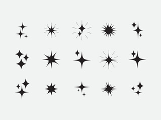 Hand Drawn Sparkle Star Icon Set. Black Minimalist Twinkle and Shine Symbols for Design and Decoration. Hand-Drawn Vector Twinkles and Light Flare Elements