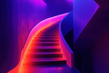 A set of bold, futuristic stairs illuminated by deep, saturated neon hues, set in an abstract, dreamlike environment.