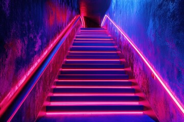 A set of bold, futuristic stairs illuminated by deep, saturated neon hues, set in an abstract, dreamlike environment.