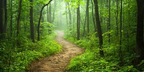 Fototapeta premium A winding dirt path barely visible through the thick morning mist in a peaceful woodland