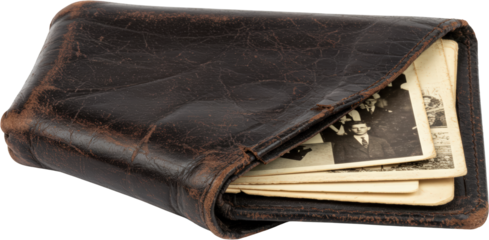 Vintage Leather Wallet with Antique Family Photos Nostalgia Memory Album Aged