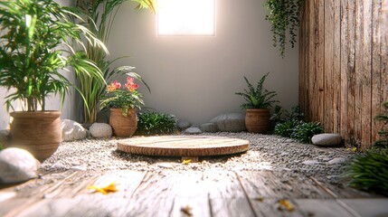 Wooden disc platform in a zen garden