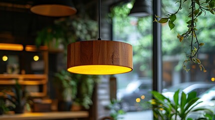 Wooden pendant light in a cafe, warm lighting