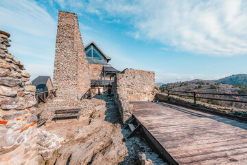 Fototapeta premium Watchtower of Boldogkő or Boldogko fortress with Boldogkővárallja village near tokaj region in Hungary