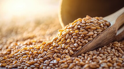 Wooden scoop spilling golden seeds