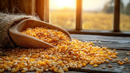 Wooden scoop of golden seeds spills onto rustic table