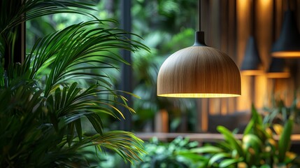 Wooden pendant light in lush garden setting