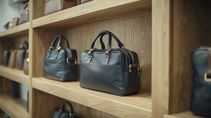 Wooden shelves display various black leather bags