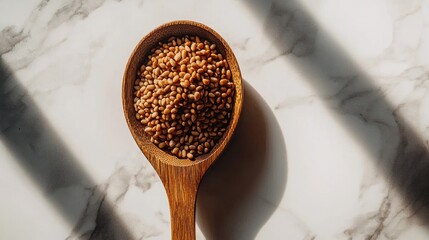 Wooden spoon filled with small, light brown seeds on a marble surface, sunlit