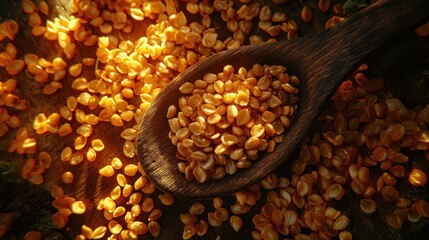 Wooden spoon holding golden seeds, scattered on a rustic surface. Sunlight highlights the grains