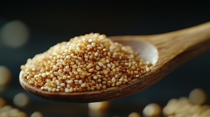 Wooden spoon holding a pile of toasted sesame seeds