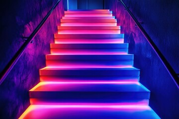 A surreal, dreamlike staircase bathed in neon lights, symbolizing the journey to success, with each step glowing a different color.