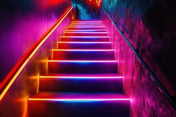 A surreal, dreamlike staircase bathed in neon lights, symbolizing the journey to success, with each step glowing a different color.