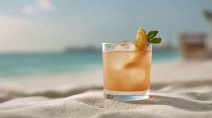 Obraz premium refreshing wintering cocktail placed on soft white sand with serene beach and gentle waves in background