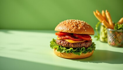 Fresh and Tasty Hamburger with Lettuce, Tomato, and Cheese
