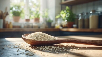 Wooden spoon with a pile of light-colored grains on a kitchen table