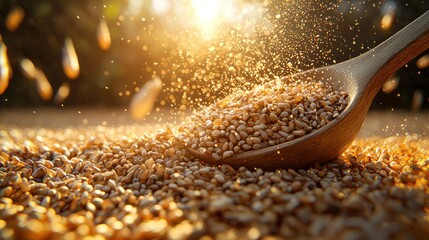 Wooden spoon overflowing with golden wheat seeds. Sunlight bursts around