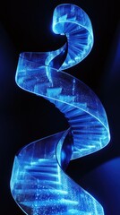 A stunning, spiral staircase wrapped in a ribbon of glowing blue neon light, twisting upwards into infinite darkness.
