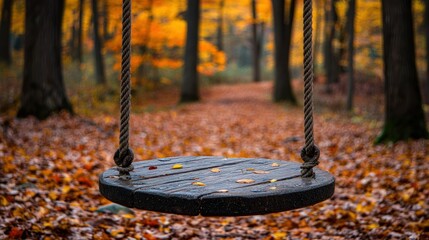 Wooden swing in autumnal forest