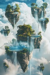 A surreal dreamscape featuring floating islands and waterfalls in the sky.