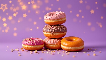 Colorful Donuts Stacked on a Purple Background with Sparkle Effects