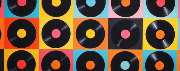 Vibrant grid of diverse vinyl records in bright yellow background, featuring unique designs in varied sizes and colors.