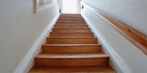 Bright and airy hallway with dark wooden stairs, white walls, and natural light from a large window.